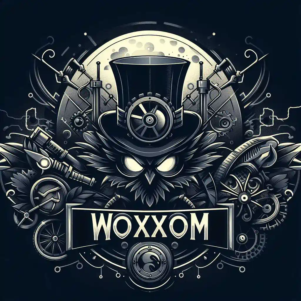 Woxxom logo of an owl with a hat with a steampunk graphics style